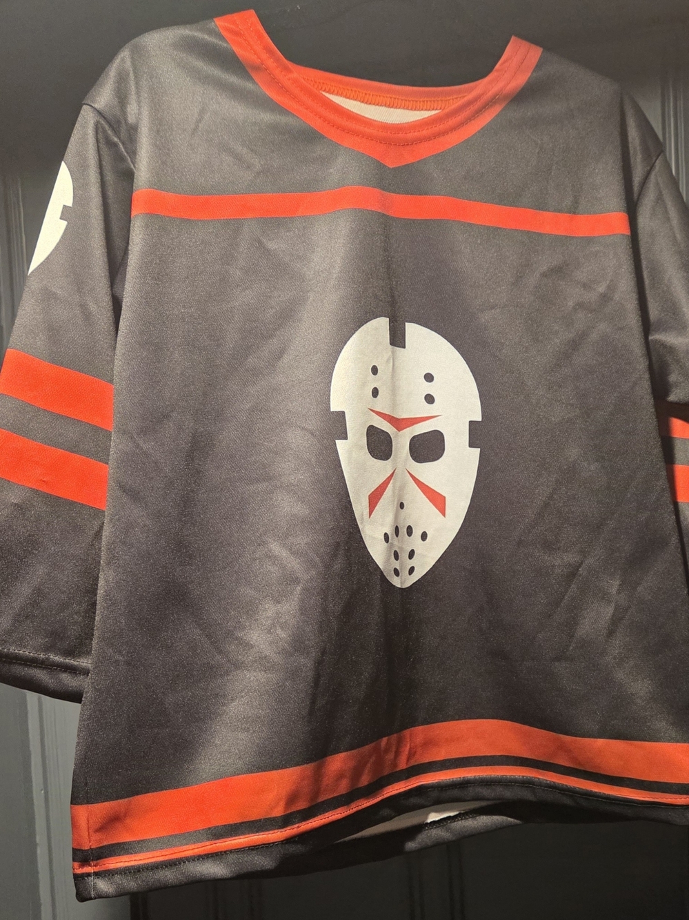 Kids Black and Red Hockey-Style Jersey with Mask Graphic